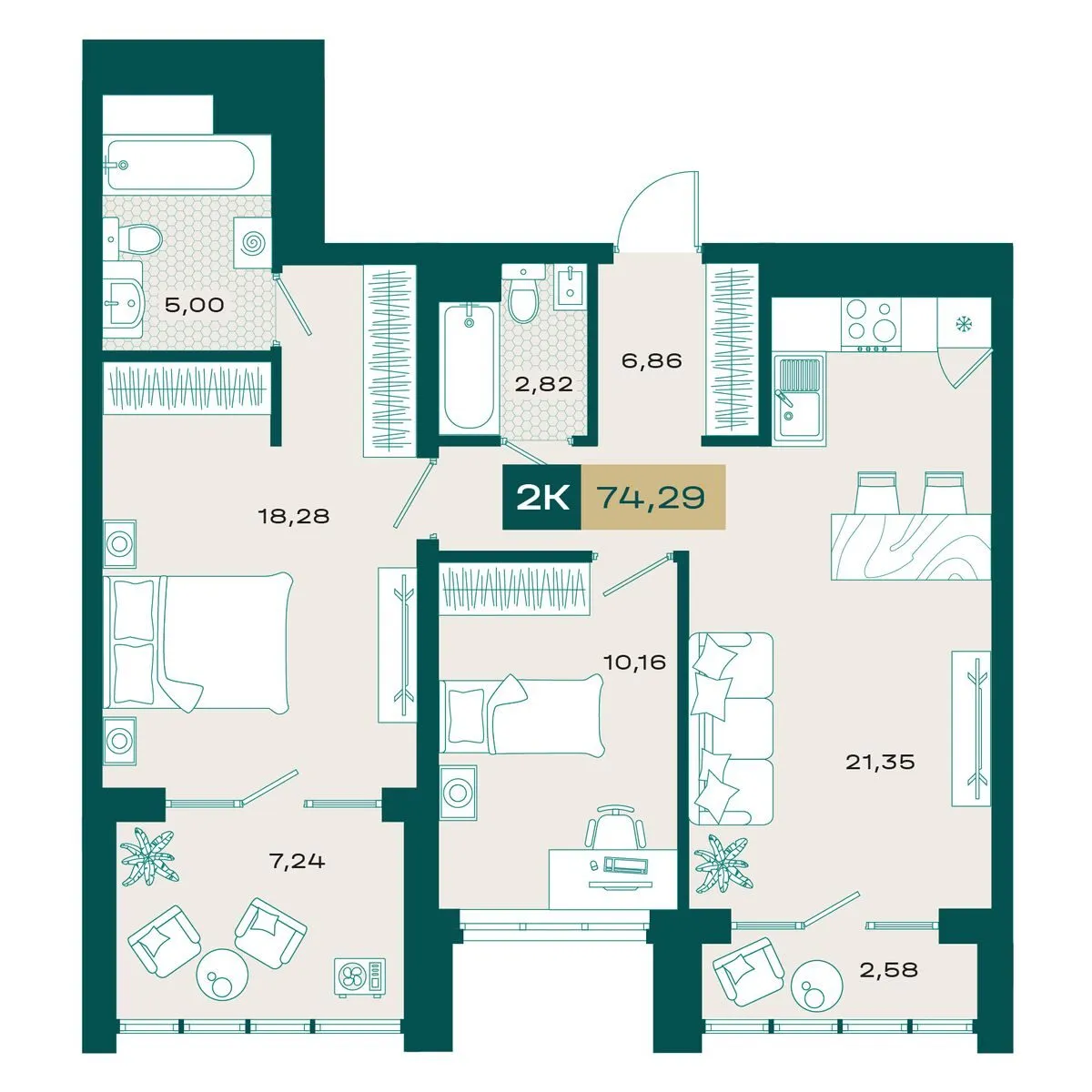 Планировка — 2-комнатная, 74.05 м²