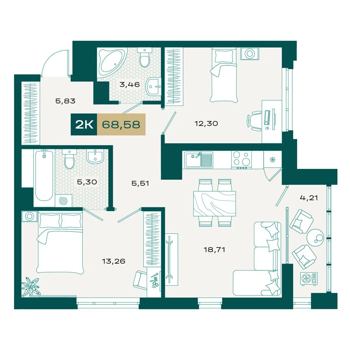 Планировка — 2-комнатная, 67.83 м²