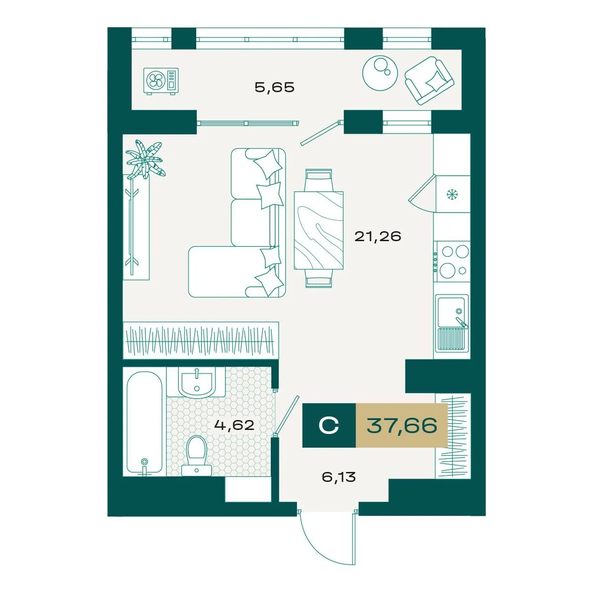 Планировка — Студия, 36.78 м²