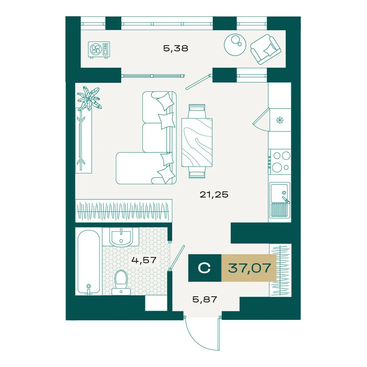 Планировка — Студия, 36.47 м²