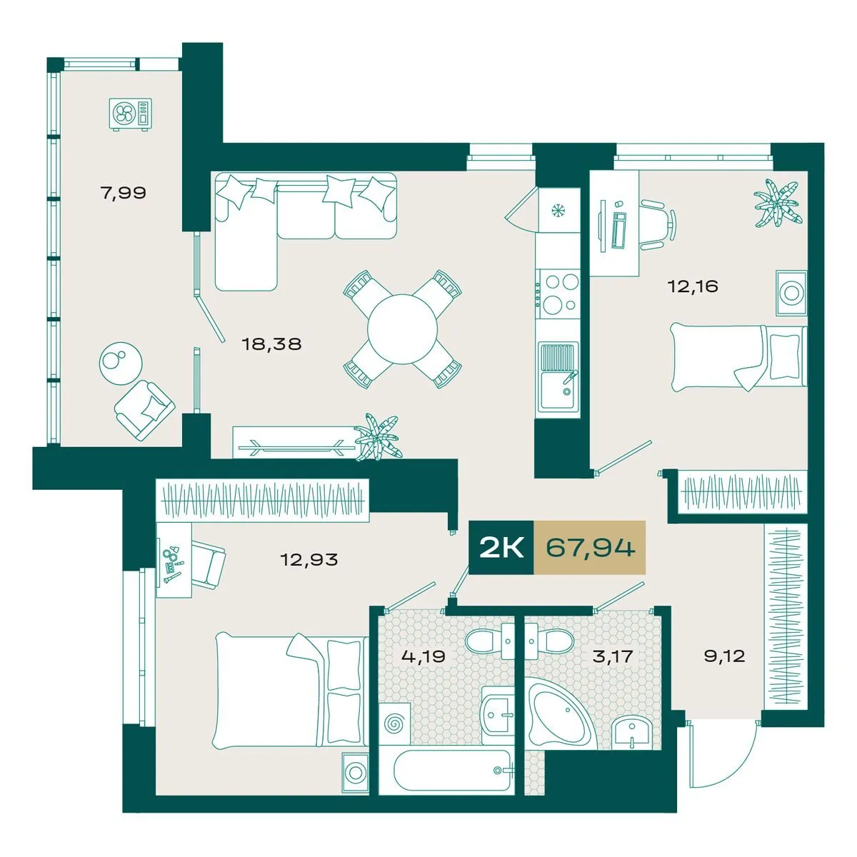 Планировка — 2-комнатная, 66.6 м²