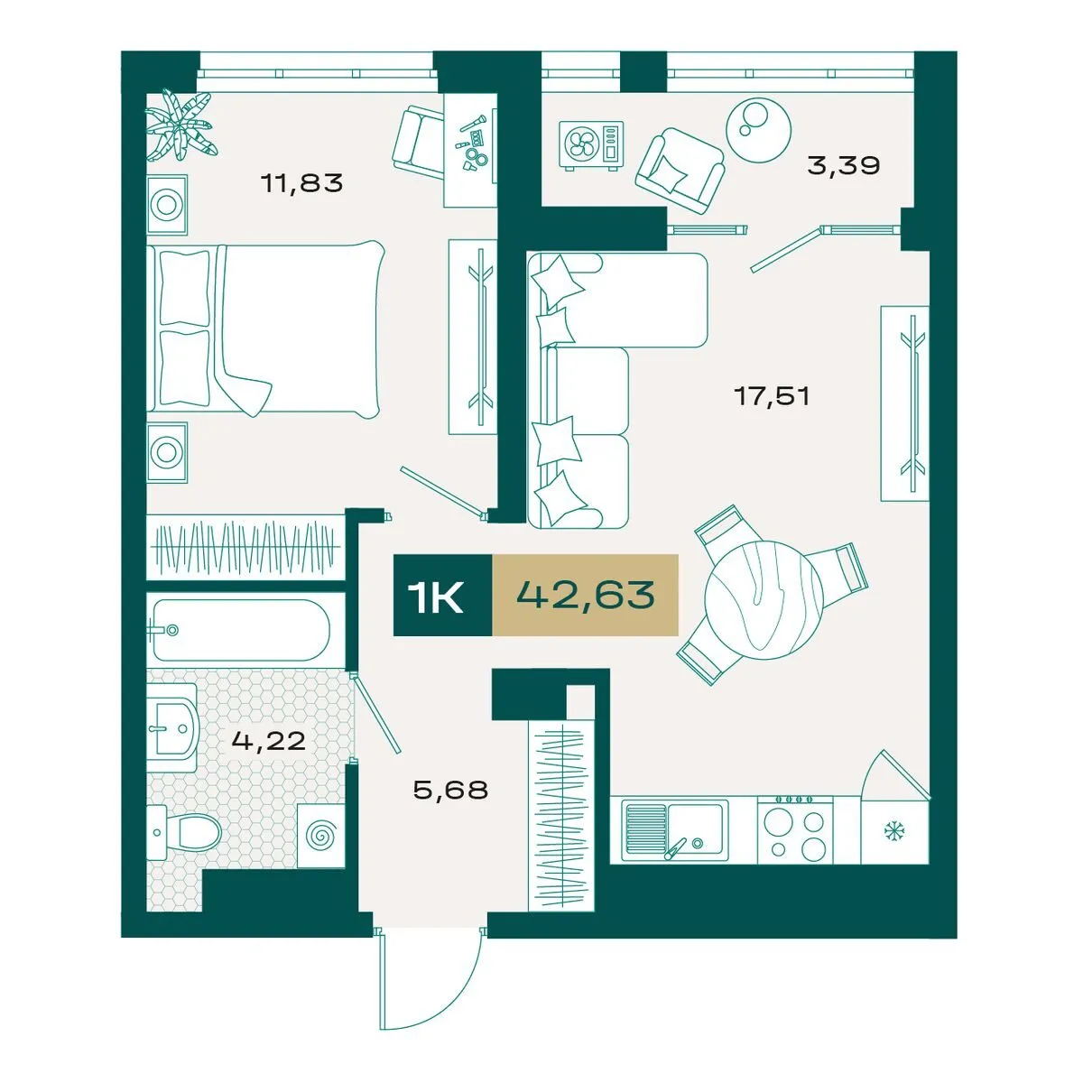 Планировка — 1-комнатная, 41.8 м²