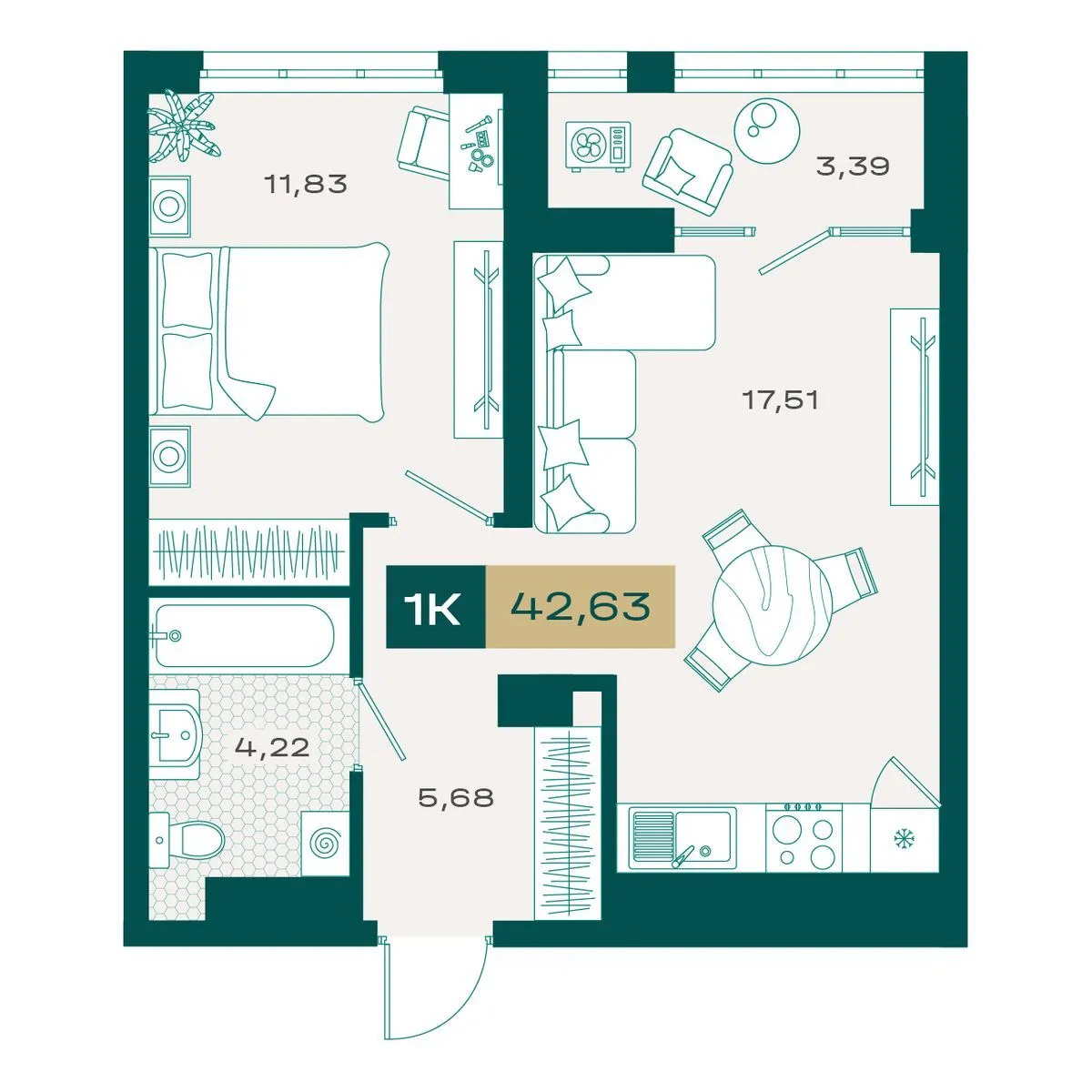 Планировка — 1-комнатная, 41.79 м²
