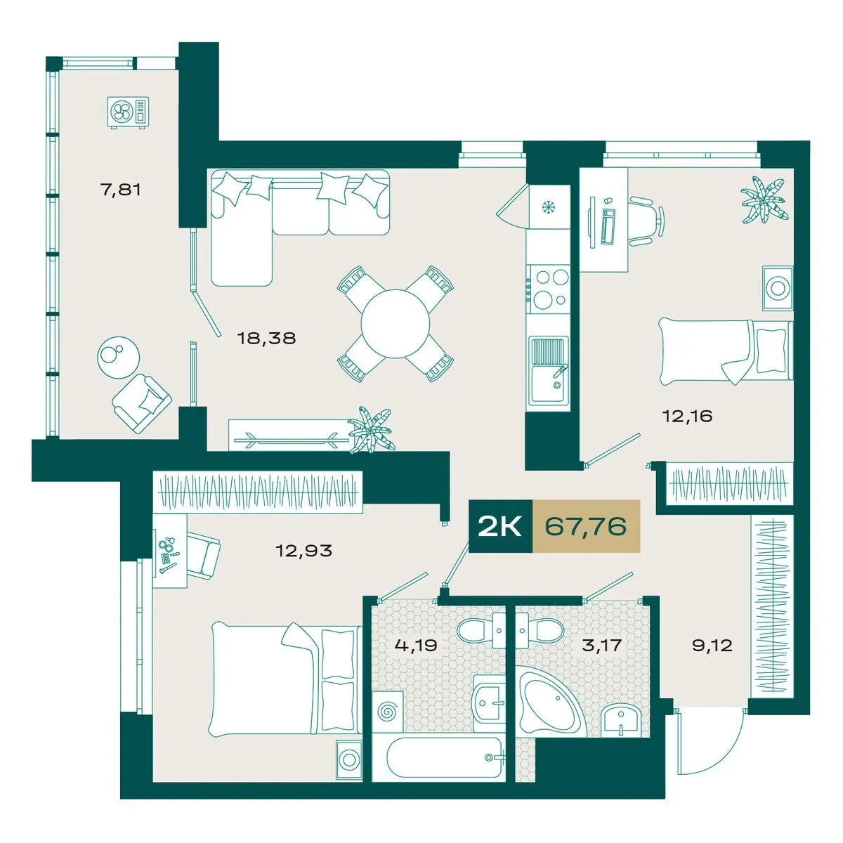 Планировка — 2-комнатная, 66.54 м²