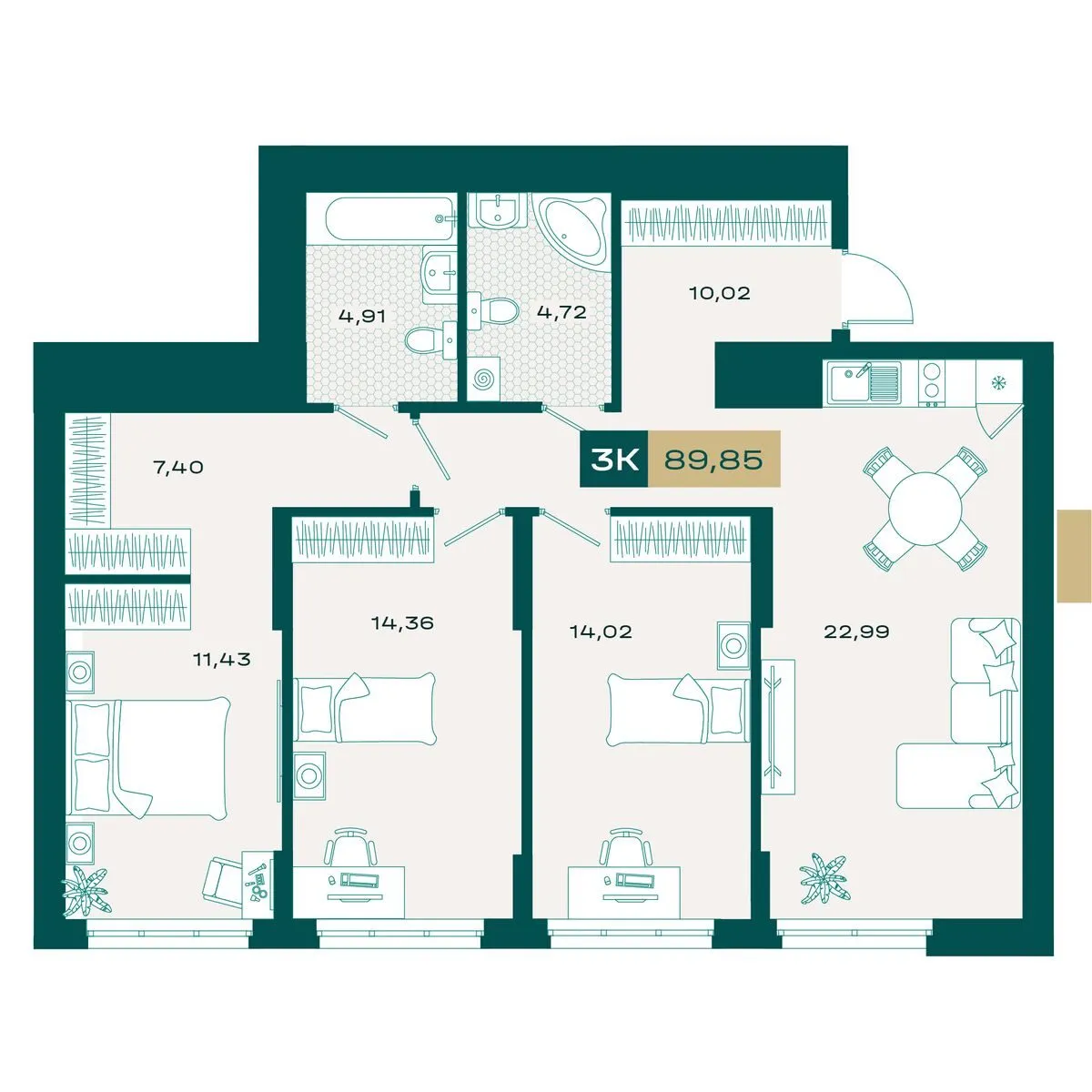 Планировка — 3-комнатная, 89.78 м²