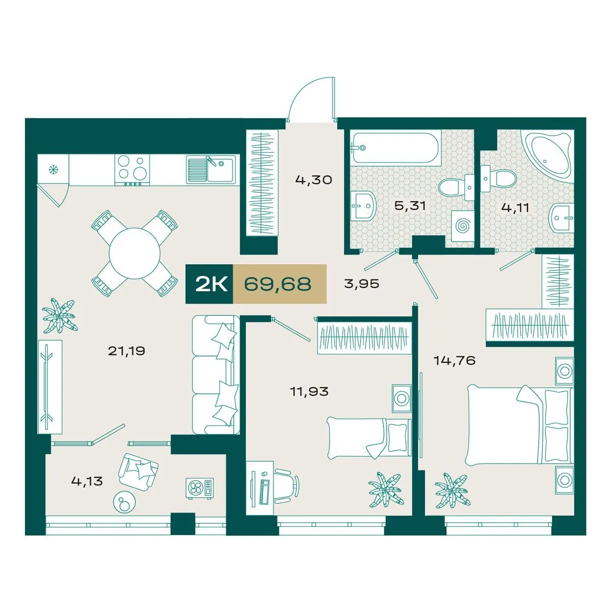 Планировка — 2-комнатная, 68.68 м²