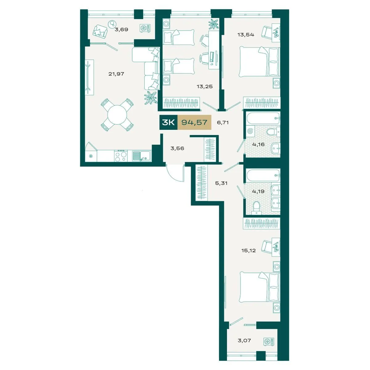 Планировка — 3-комнатная, 92.63 м²